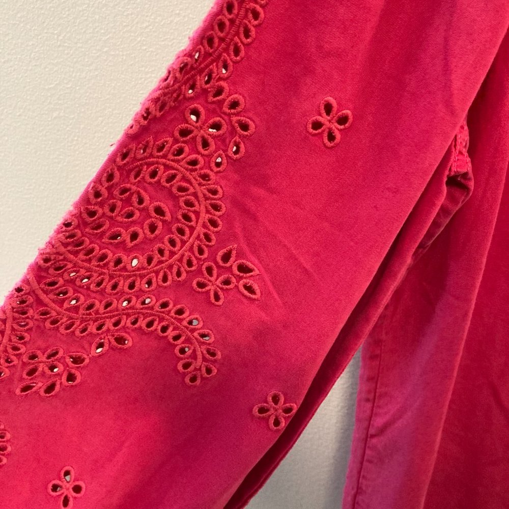NWT Chico's Denim Shirt Sz 3 (16) Solid & Eyelet Sleeve Very Cherry Grandmacore - Picture 5 of 12